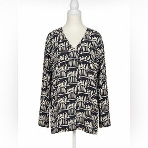 Tory Burch Silk V-Neck Blouse | Abstract Print | Navy & Ivory | XL
